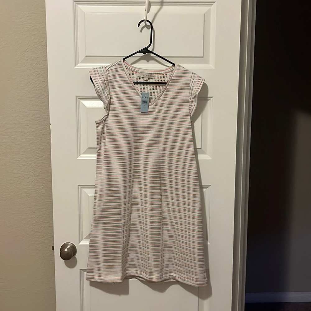 LOFT Petite Small Dress. White with different color thin horizontal strips